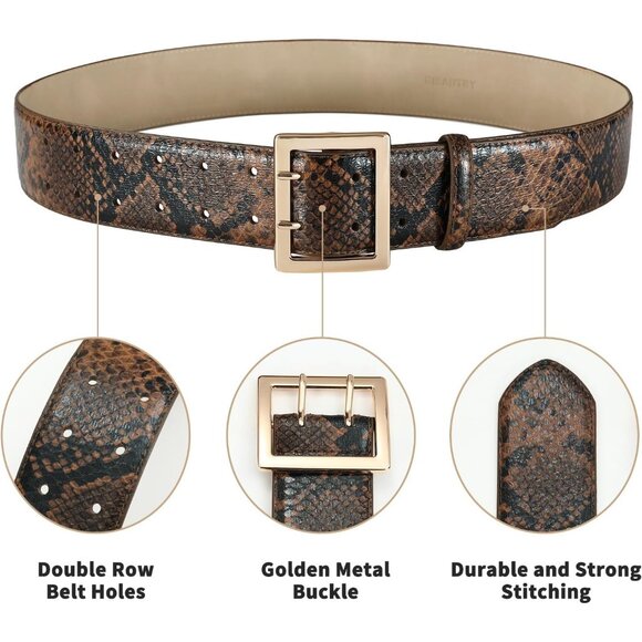 Women's Leather Waist Wide Belts Fashion Thick Snakeskin With Gold Buckle Belt - Picture 4 of 6